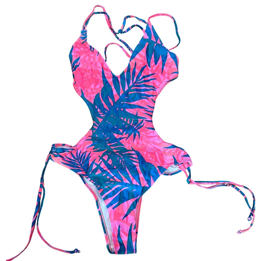 Cupshe Pink and Blue Leaf Print One Piece Swimsuit